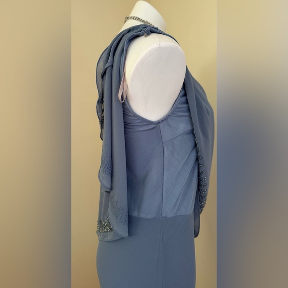 J Kara NWTS Overlay Asymmetrical Maxi Evening Dress Dusty Blue Sheer Bea… - Picture 9 of 16